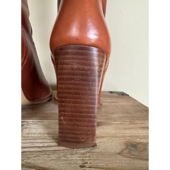 ZARA Brown Genuine Leather Pointy Toe Western Stitch Knee High Boots Size 9 - Picture 12 of 14